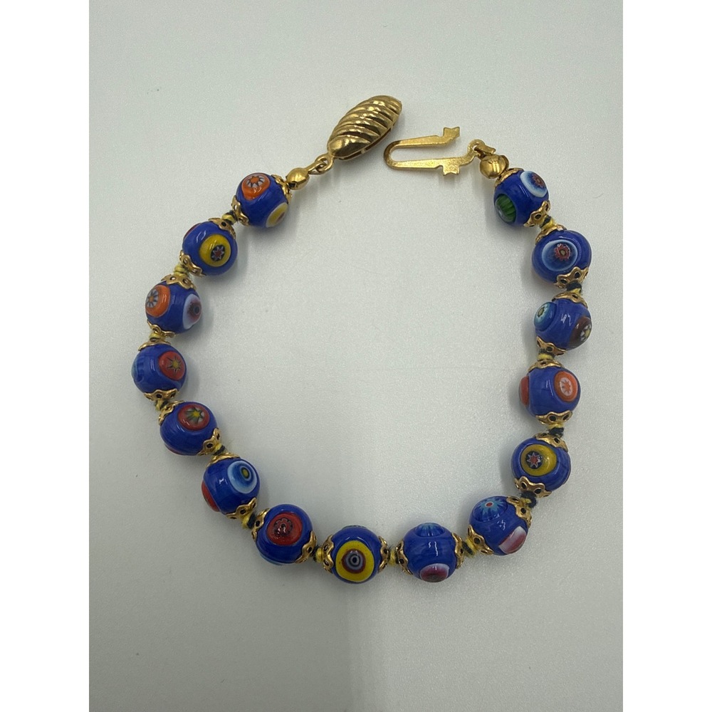 Vintage Murano Style Millefiori Glass Bead Bracelet Blue Gold Tone 6.75 Inch
